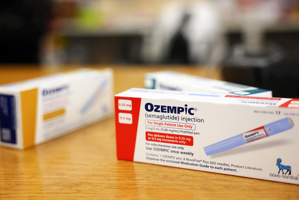 LOS ANGELES, CALIFORNIA - APRIL 17: In this photo illustration, boxes of the diabetes drug Ozempic rest on a pharmacy counter on April 17, 2023 in Los Angeles, California. Ozempic was originally approved by the FDA to treat people with Type 2 diabetes- who risk serious health consequences without medication. In recent months, there has been a spike in demand for Ozempic, or semaglutide, due to its weight loss benefits, which has led to shortages. Some doctors prescribe Ozempic off-label to treat obesity. (Photo illustration by Mario Tama/Getty Images)