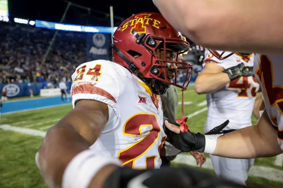 Iowa State Cyclones running back Abu Sama III (24) celebrates after making a long run for a touchdown, putting the Cyclones up 43-13 after the PAT, during the game against the BYU Cougars at LaVell Edwards Stadium in Provo on Saturday, Nov. 11, 2023. | Spenser Heaps, Deseret News