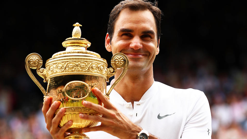 Roger Federer, pictured here celebrating after winning Wimbledon in 2019.