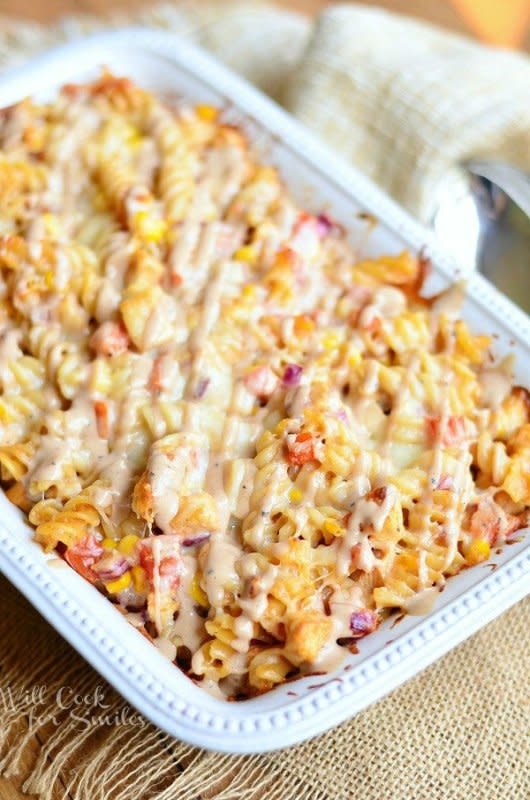 This tangy pasta casserole is loaded with chicken, corn, and red onion. Get the recipe <strong><a href="http://www.willcookforsmiles.com/2014/08/bbq-ranch-chicken-casserole.html" rel="nofollow noopener" target="_blank" data-ylk="slk:HERE;elm:context_link;itc:0;sec:content-canvas" class="link ">HERE</a></strong>.<p>Will Cook for Smiles</p>