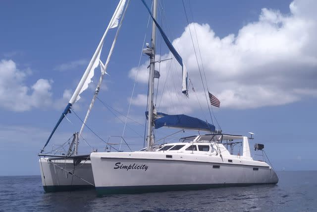 <p>Courtesy of Robert Osborn</p> The couple's SV Simplicity was found abandoned with an unrolled and broken bow sail.