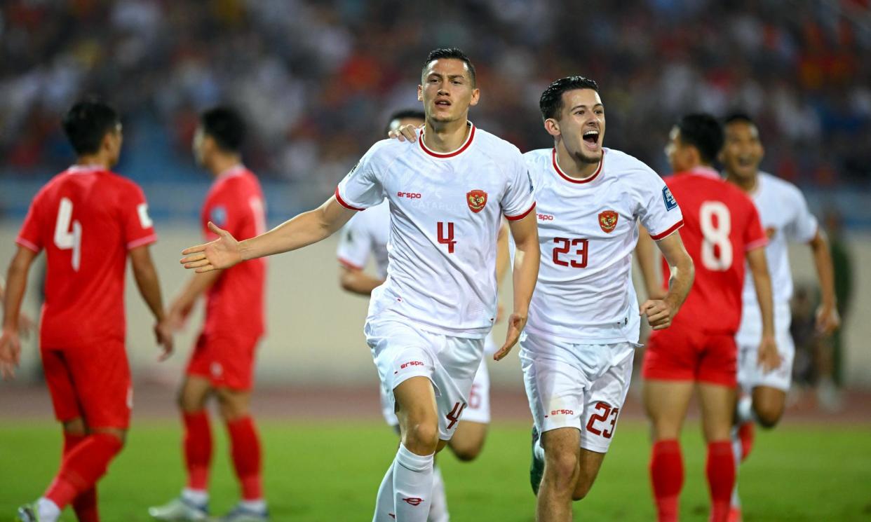 <span>Jay Idzes celebrates scoring for Indonesia in a recent World Cup qualifier against Vietnam in Hanoi.</span><span>Photograph: AFP/Getty Images</span>