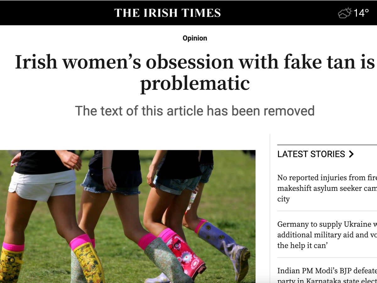 The Irish Times has removed the text of the article (screengrab)