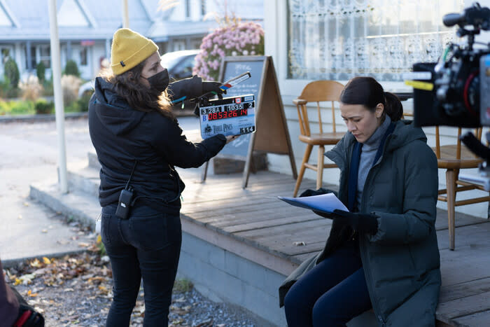 Elle-Máijá Tailfeathers filming in the fictional Eastern Townships village of Three Pines. (Laurent Guerin)

