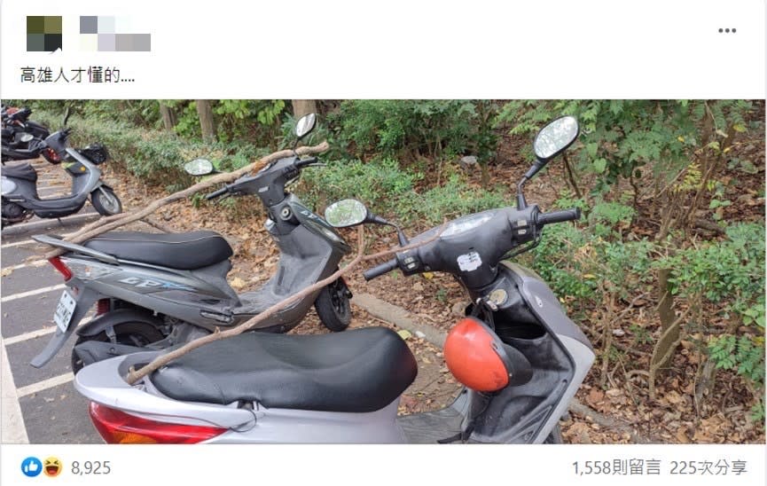 網友在臉書上分享摩托車放樹枝的照片。（圖／翻攝自路上觀察學院）