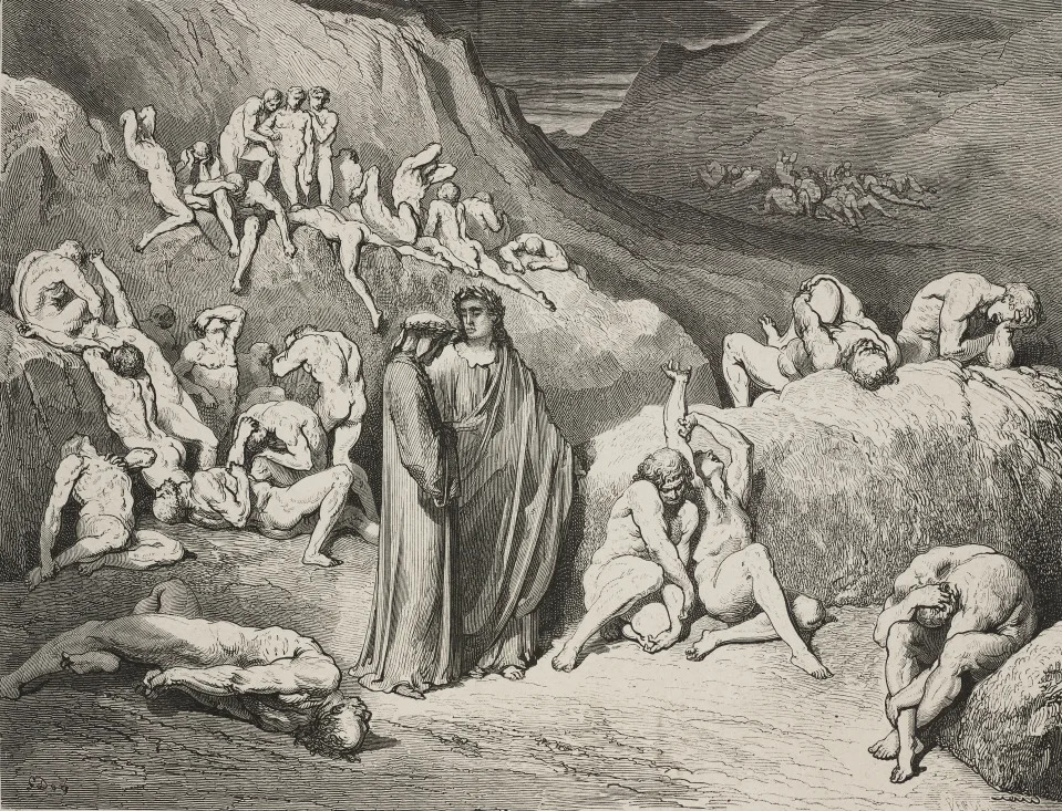 La imagen corresponde a la obra Dante y Virgilio entre los alquimistas, enfermos de sarna y cubiertos de costras supurantes. Grabado de Gustave Doré (1832-1883), para ilustrar el Canto XXIX, Infierno, de la Divina Comedia de Dante Alighieri (1265-1321), en una edición de 1869. (Getty Images)