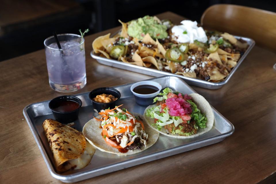 Tacos (birria, beef barbacoa, falafel) and nachos at Craft Tacos & Tequila, a new restaurant in Mohegan Lake, March 20, 2024.