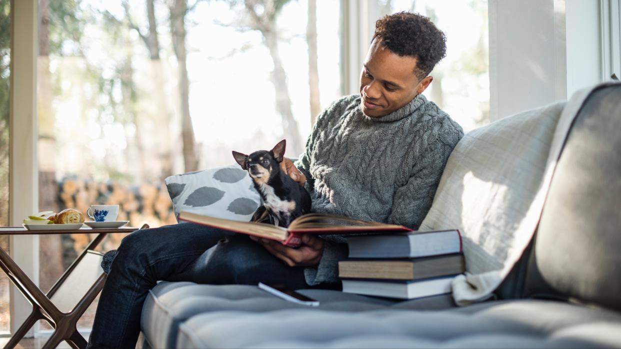  Man sitting on couch looking at books with Chihuahua on his lap. 