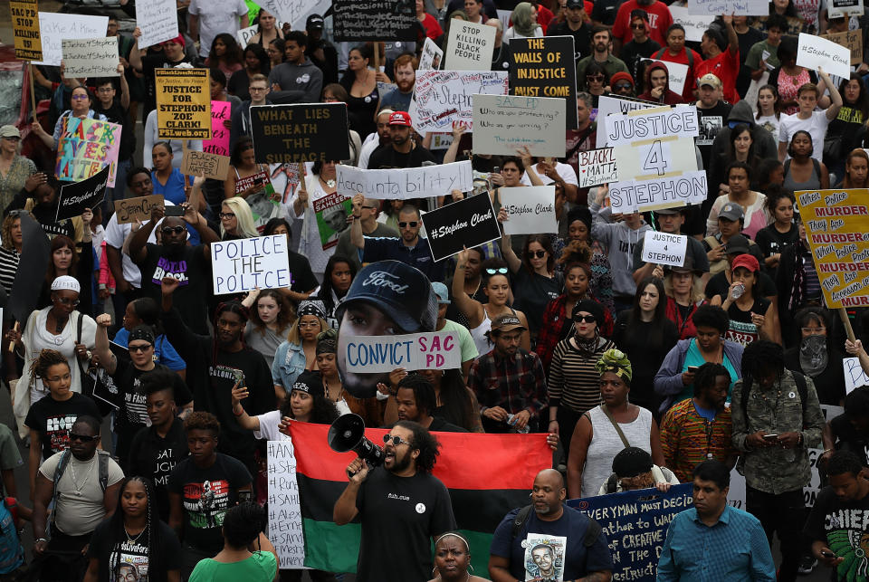 Black Lives Matter protesters take to the streets of Sacramento during a march and demonstration on the 50th anniversary of Martin Luther King Jr.'s assassination.