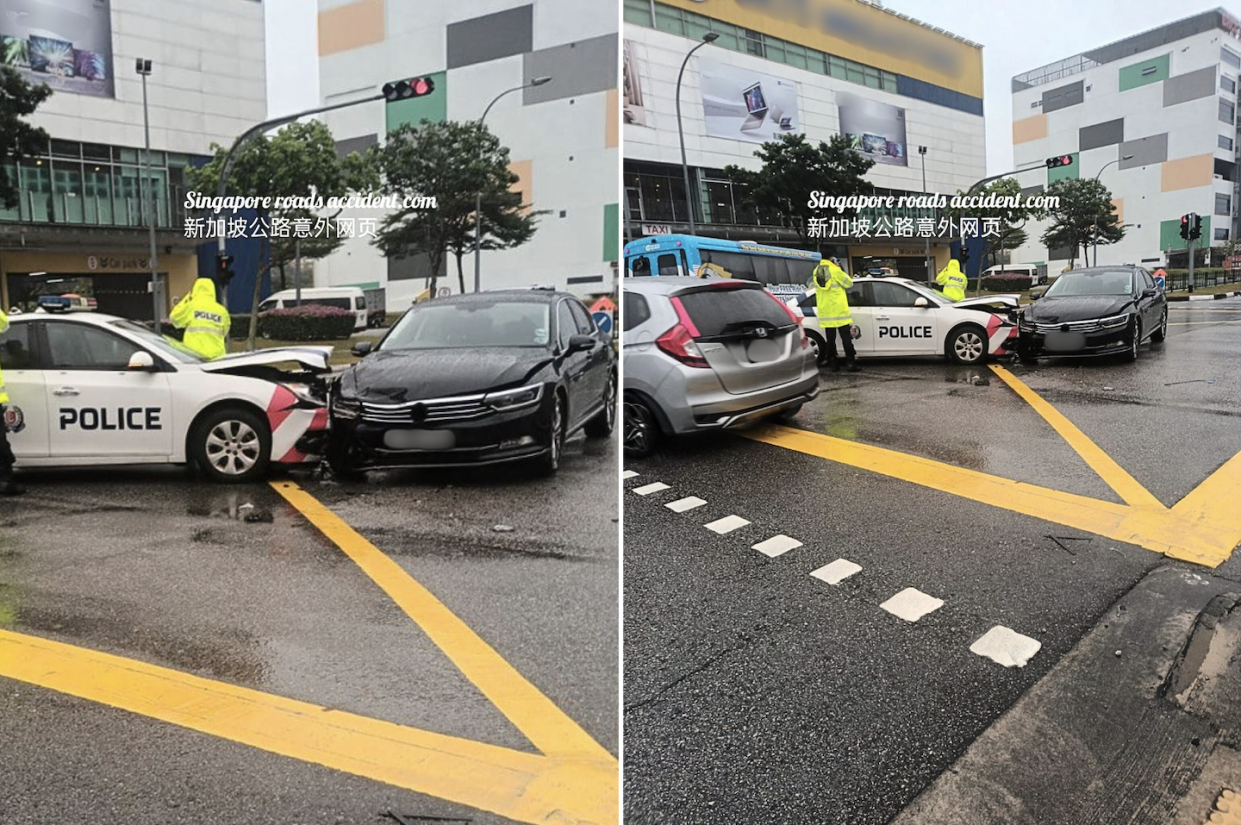 Photos of road accident at the junction of Tampines North Drive 1 and Drive 2 on morning of 12 April 2024 (Photos: Facebook/Singapore roads accident.com新加坡公路意外网页) 