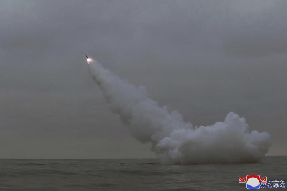 This photo provided by the North Korean government shows what it says is a cruise missile the country test-fired from a submarine off the east coast of North Korea early Sunday, March 12, 2023. Independent journalists were not given access to cover the event depicted in this image distributed by the North Korean government. The content of this image is as provided and cannot be independently verified. Korean language watermark on image as provided by source reads: "KCNA" which is the abbreviation for Korean Central News Agency. (Korean Central News Agency/Korea News Service via AP)