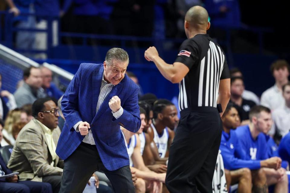 Kentucky head coach John Calipari argues with a referee after a play by Arkansas during Saturdays game at Rupp Arena.