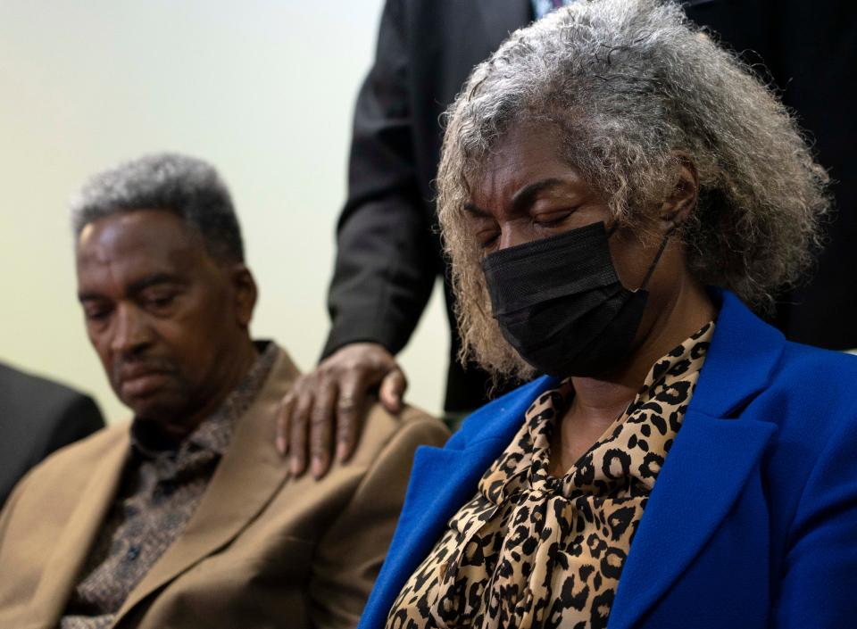 Herman Whitfield Jr. and Gladys Whitfield sit during a news conference before their late son’s memorial service Saturday, Oct. 29, 2022, at Friendship Missionary Baptist Church in Indianapolis. Their son, Herman Whitfield III, was killed by Indianapolis Metropolitan Police Department officers in April while experiencing a mental health crisis.