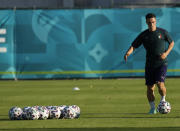 Italy's Giacomo Raspadori controls the ball during a training session at Rome's Acqua Acetosa training center, Tuesday, June 15, 2021, the day before the Euro 2020 soccer championship group A match between Italy and Switzerland. (AP Photo/Alessandra Tarantino)