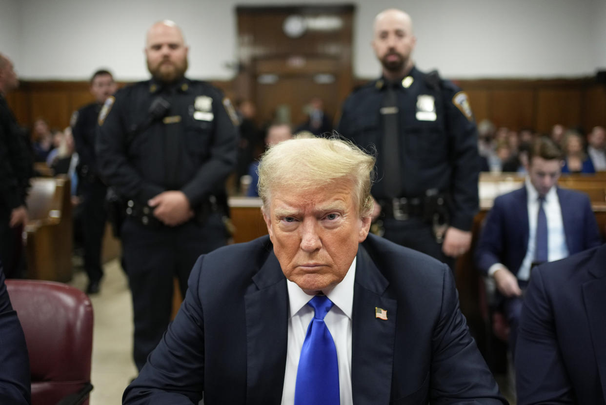 Former President Donald Trump appears at Manhattan criminal court during jury deliberations in his criminal hush money trial in New York, Thursday, May 30, 2024. (AP Photo/Seth Wenig, Pool)