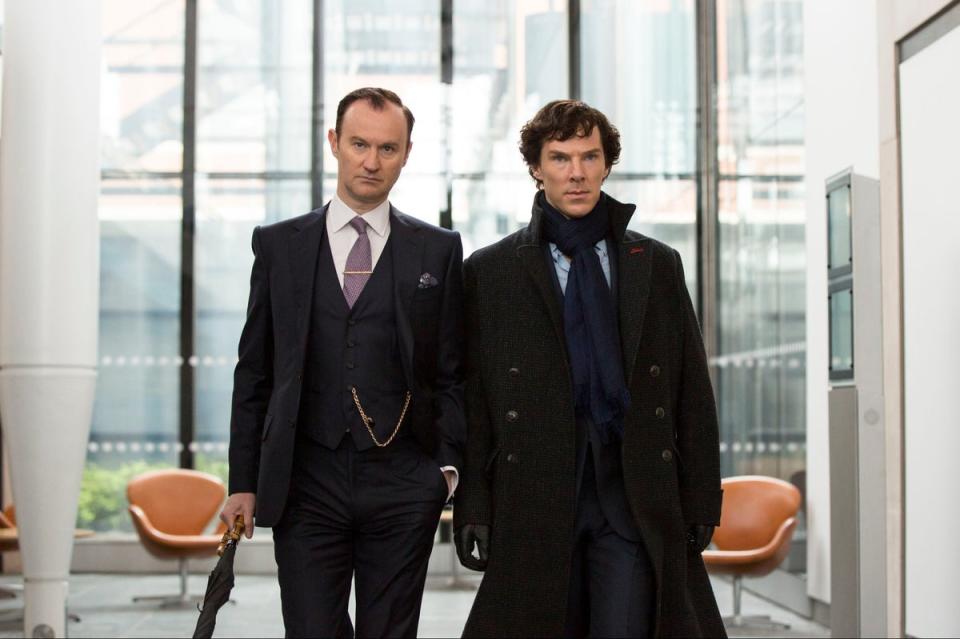 Mark Gatiss as Mycroft Holmes and Benedict Cumberbatch as Sherlock Holmes in Sherlock (2010-2017) (BBC/Hartswood Films/Robert Viglasky)