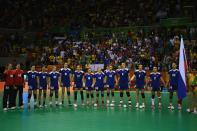 <p>Russia stands for their national anthem during the Women’s Handball Gold medal match between France and Russia at Future Arena on Day 15 of the Rio 2016 Olympic Games at the Future Arena on August 20, 2016 in Rio de Janeiro, Brazil. (Photo by David Ramos/Getty Images) </p>