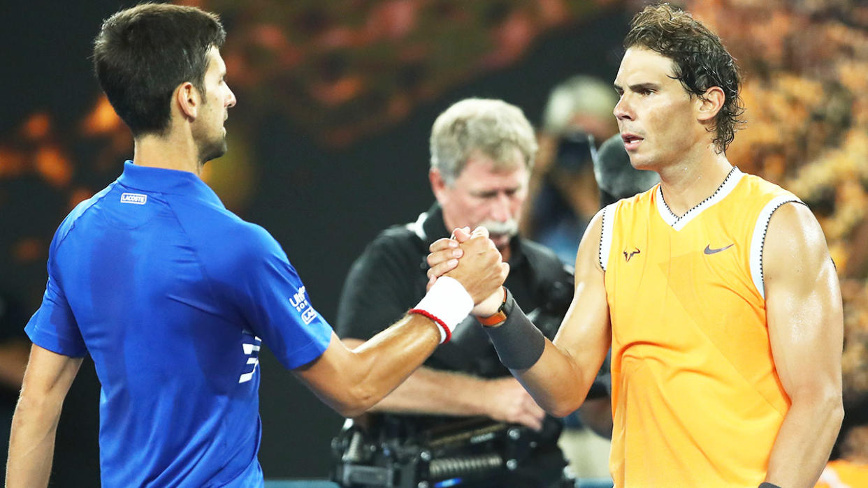 Novak Djokovic (pictured left) shakes hands with Rafa Nadal (pictured right) after the Australian Open final.