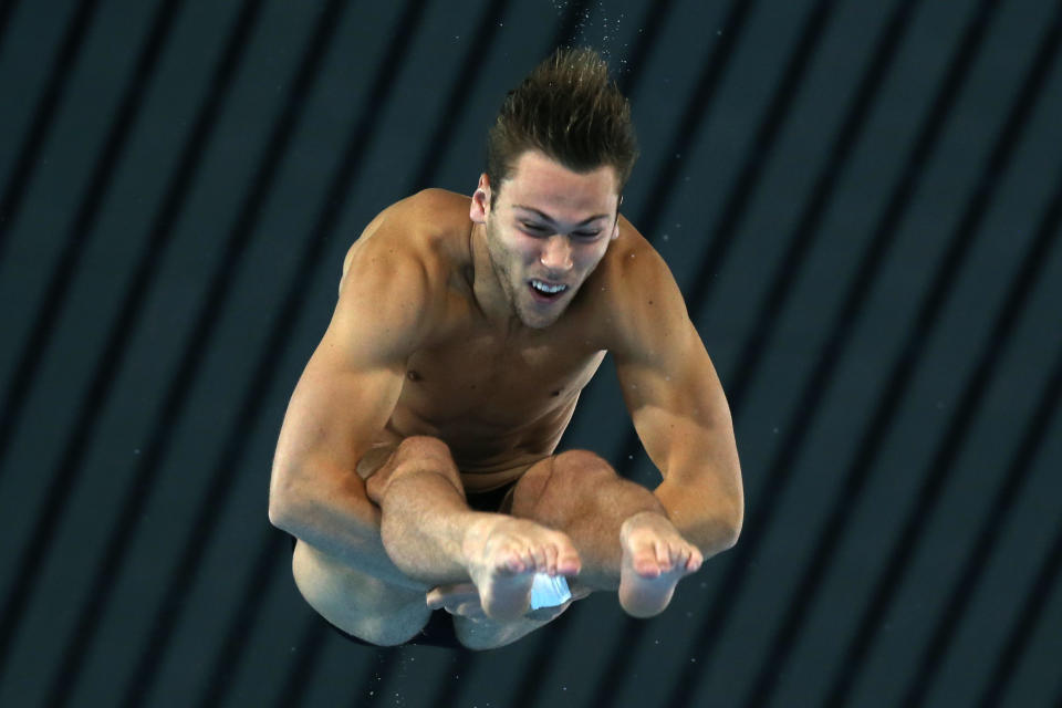 LONDON, ENGLAND - AUGUST 11: Riley McCormick of Canada competes in the Men's 10m Platform Diving Semifinal on Day 15 of the London 2012 Olympic Games at the Aquatics Centre on August 11, 2012 in London, England. (Photo by Clive Rose/Getty Images)