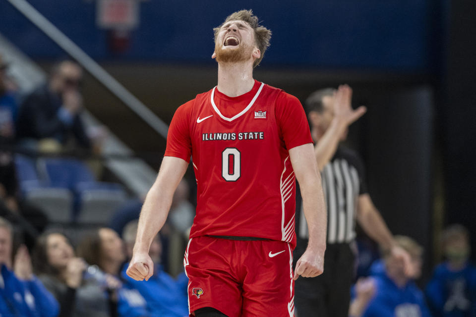 Illinois State guard Luke Kasubke (0) reacts after scoring against Indiana State during the second half of an NCAA college basketball game Tuesday, Feb. 13, 2024, in Terre Haute, Ind. (AP Photo/Doug McSchooler)