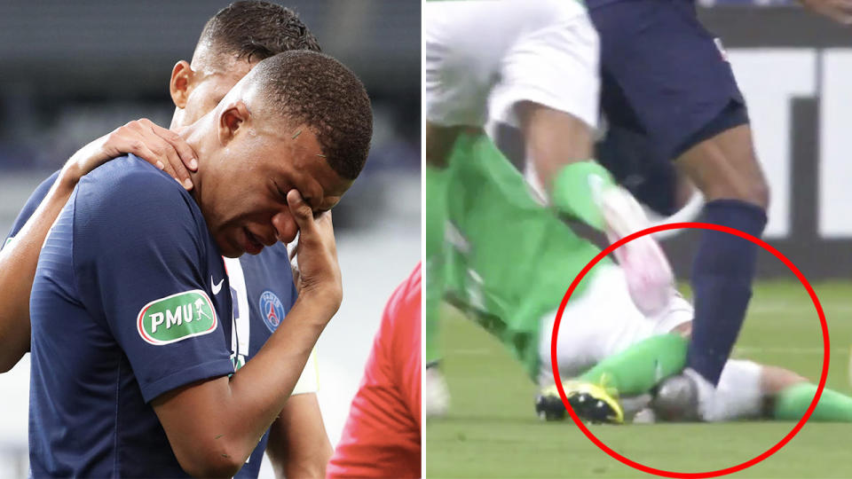 Kylian Mbappe (pictured left) in tears and (pictured right) during a horror tackle.