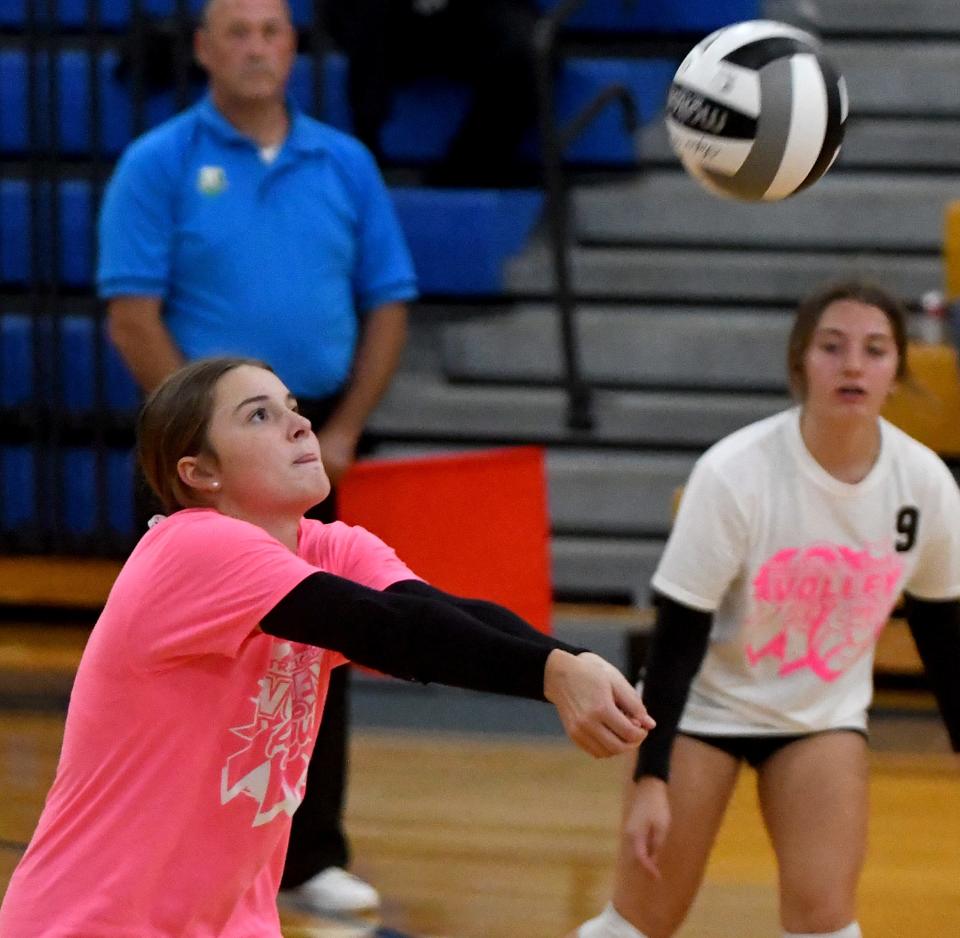 Strasburg's Addyson Sibila passes the ball in the second set at East Canton, Thursday, Sept 28, 2023.