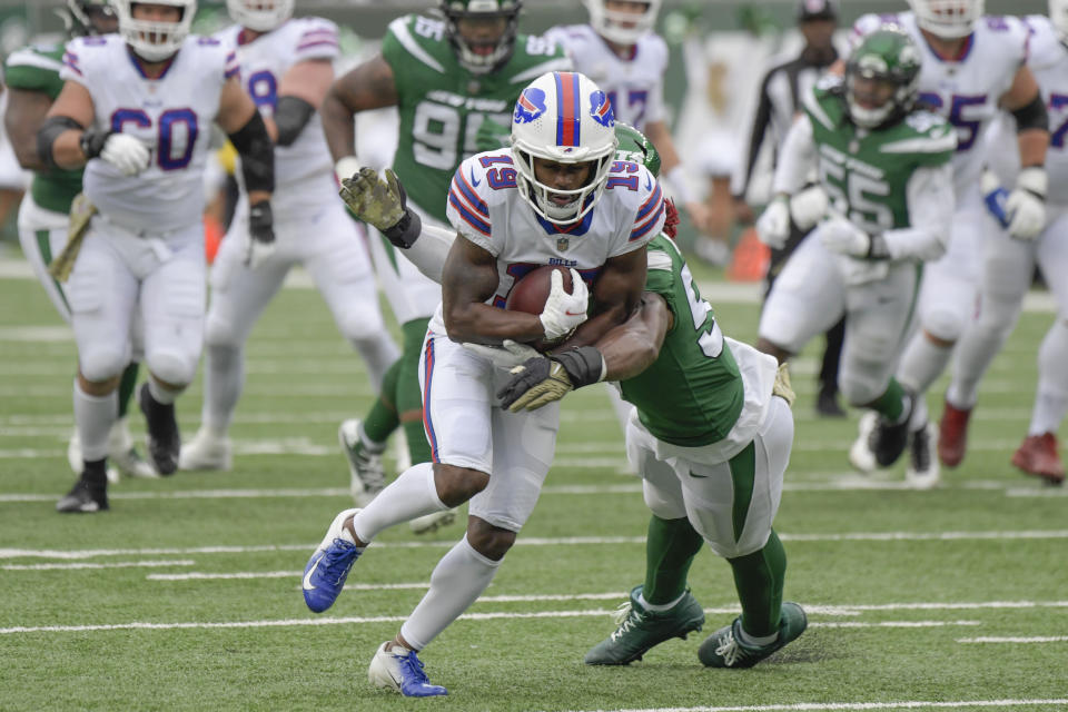 Buffalo Bills' Isaiah McKenzie runs with the ball during the first half of an NFL football game against the New York Jets, Sunday, Nov. 14, 2021, in East Rutherford, N.J. (AP Photo/Bill Kostroun)