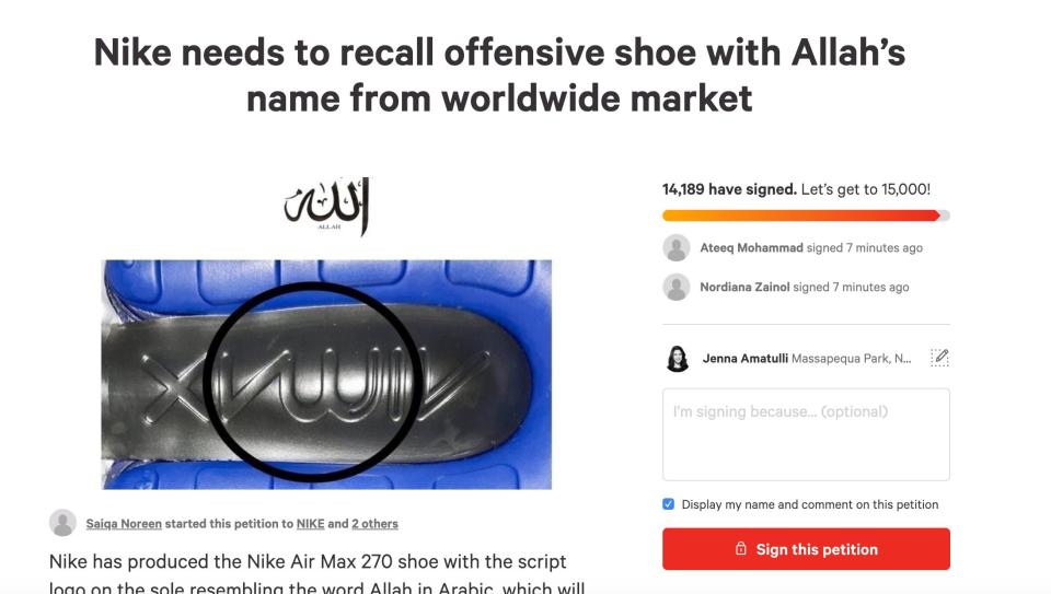 Saiqa Noreen's Change.org petition against Nike. (Photo: <a href="https://www.change.org/p/nike-needs-to-recall-offensive-shoe-with-allah-s-name-from-worldwide-market-immediately" target="_blank">Change.org</a>)