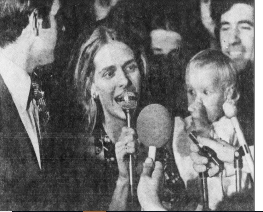 In this November 1972 photo, Neilia Hunter Biden holds baby daughter Naomi "Amy" and talks to the crowd celebrating Joe Biden's stunning upset over J. Caleb Boggs for Delaware's senate seat. Neilia and Amy died six weeks later in a car accident in Hockessin.