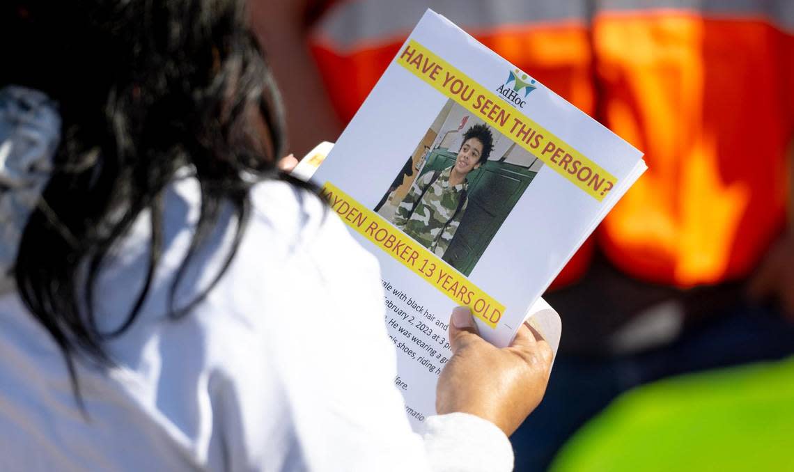 Volunteers gather to canvass for missing 13-year-old Jayden Robker in the Lakeview Terrace neighborhood on Sunday, March 5, 2023, in Kansas City. Robker was last seen Feb. 2 at N.W. Plaza Drive and N.W. Plaza Ave.