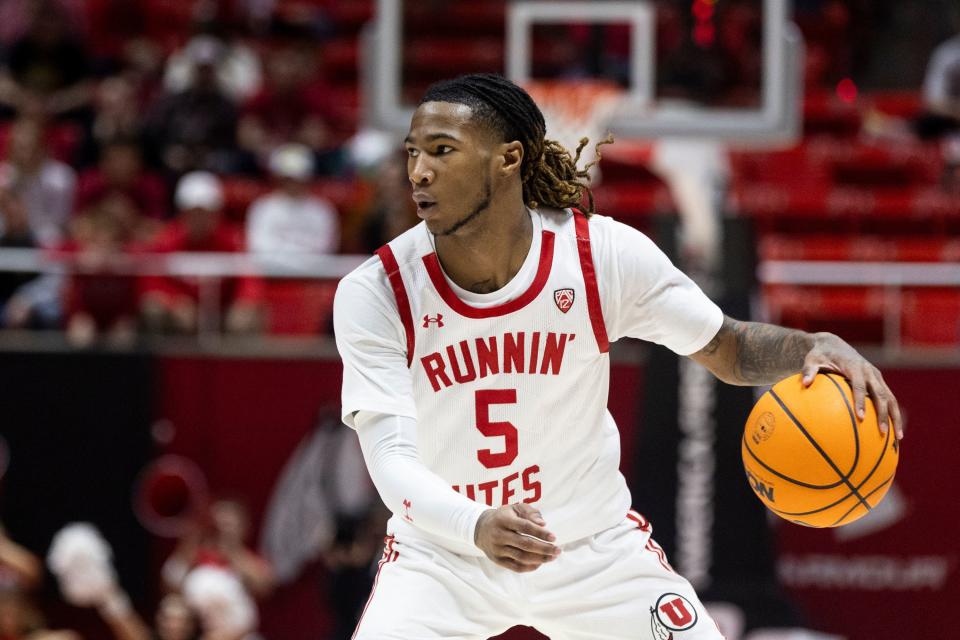 Utah Utes guard Deivon Smith (5) dribbles the ball during a game against the Oregon Ducks at the Huntsman Center in Salt Lake City on Jan. 21, 2024. | Marielle Scott, Deseret News