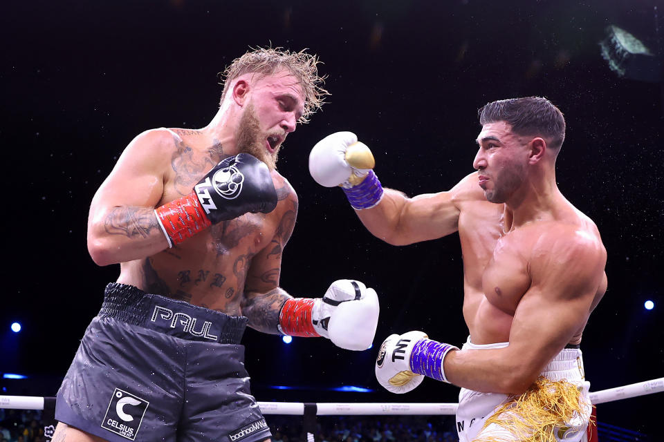 Tommy Fury (right) handed Jake Paul the first loss of his career on Sunday night in Saudi Arabia. (Francois Nel/Getty Images)