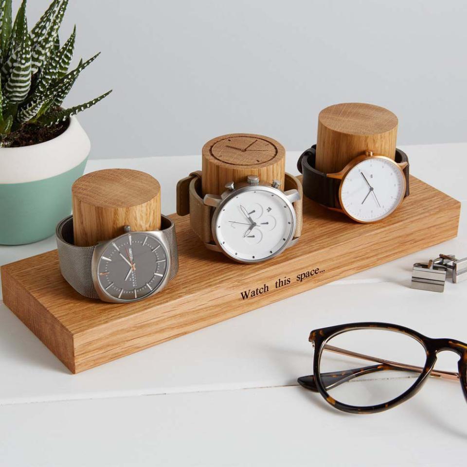 <p><strong>MijMojDesign</strong></p><p>etsy.com</p><p><strong>$63.81</strong></p><p>Let's be honest: Some dads have too many watches to count. If your dad is one of them, give him this wooden stand, personalized with his name or special message, to show off his top three. <br></p>