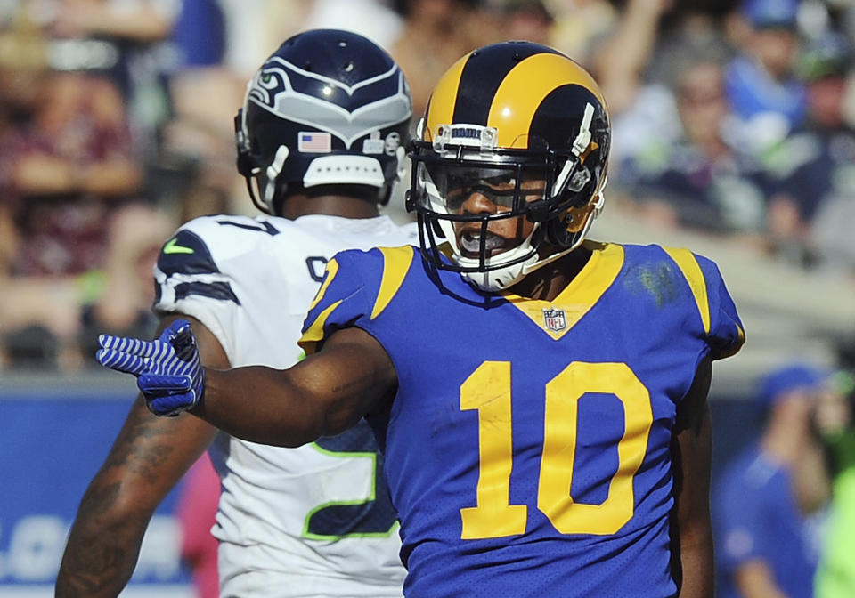 Los Angeles Rams receiver Pharaoh Cooper in the blue-and-yellow uniform the team wants to wear more often in 2018. (AP)