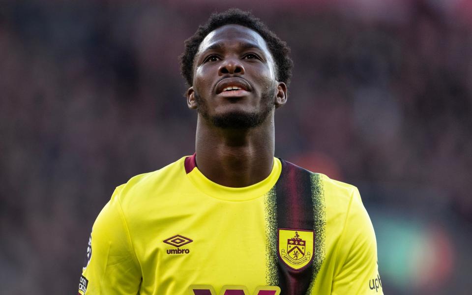 David Datro Fofana of Burnley despairs at a missed chance during the Premier League match between Liverpool FC and Burnley FC at Anfield on February 10, 2024 in Liverpool, England