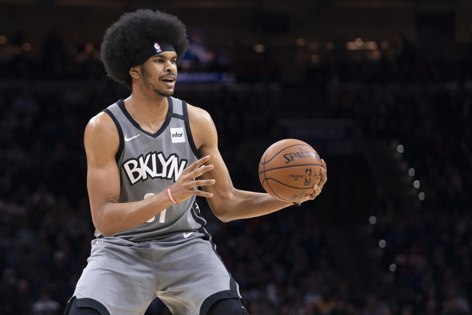 PHILADELPHIA, PA - FEBRUARY 20: Jarrett Allen #31 of the Brooklyn Nets controls the ball against the Philadelphia 76ers at the Wells Fargo Center on February 20, 2020 in Philadelphia, Pennsylvania. The 76ers defeated the Nets 112-104 in overtime. NOTE TO USER: User expressly acknowledges and agrees that, by downloading and/or using this photograph, user is consenting to the terms and conditions of the Getty Images License Agreement. (Photo by Mitchell Leff/Getty Images)