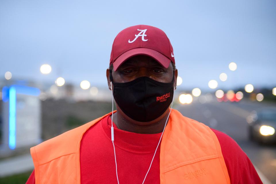 Union organizer Steve (no last names given) stands outside an Amazon fulfillment center on March 27, 2021 in Bessemer, Alabama. - Amazon Alabama workers are trying to unionize with the Retail, Wholesale and Department Store Union (RWDSU) in Birmingham, as clashes intensified between lawmakers and the e-commerce giant ahead of a deadline for a vote that could lead to the first union on US soil at the massive tech company. The visit marks the latest high-profile appearance in the contentious organizing effort for some 5,800 employees at Amazon's warehouse in Bessemer which culminates next week. (Photo by Patrick T. FALLON / AFP) (Photo by PATRICK T. FALLON/AFP via Getty Images)