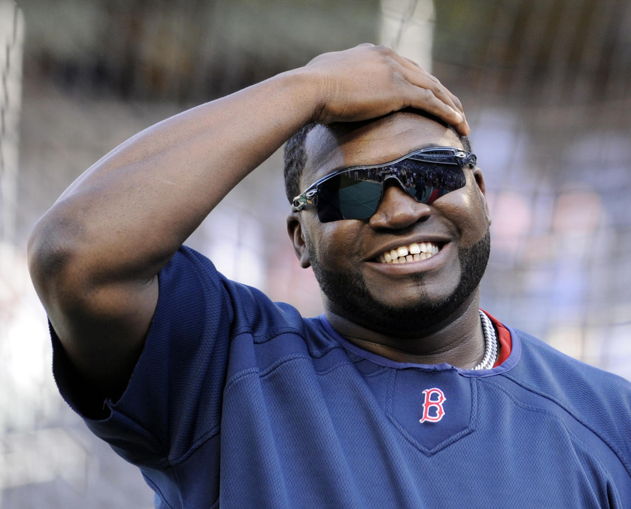 FILE - Boston Red Sox David Ortiz reacts before a baseball game against the New York Yankees, Friday, Aug. 7, 2009, at Yankee Stadium in New York. Ortiz knows a thing or two about clutch swings late in the game. But he might put this one away in his first at-bat. Ortiz, a 10-time All-Star who spent most of his career with the Boston Red Sox, leads a group of 13 first-time eligible players getting serious consideration from voters for the Baseball Hall of Fame. (AP Photo/Bill Kostroun, File)