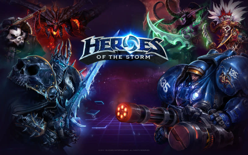 A promotional image for the new Blizzard game, Heroes of the Storm, showcasing some iconic Blizzard characters.