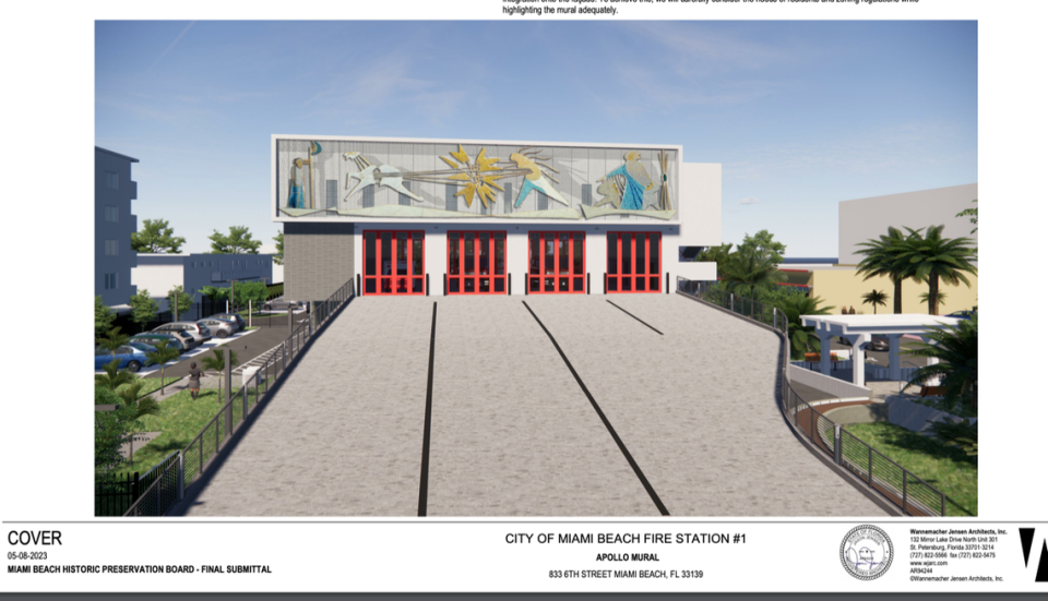 An architectural rendering shows a 1950s monumental mosaic mural that was saved from destruction in 2015 by Miami Beach preservationists at its new home at a South Beach fire station that will start construction in 2024. The mural, by artist Jack Stewart, depicts the Greek god Apollo flying his sun chariot across the sky. City of Miami Beach