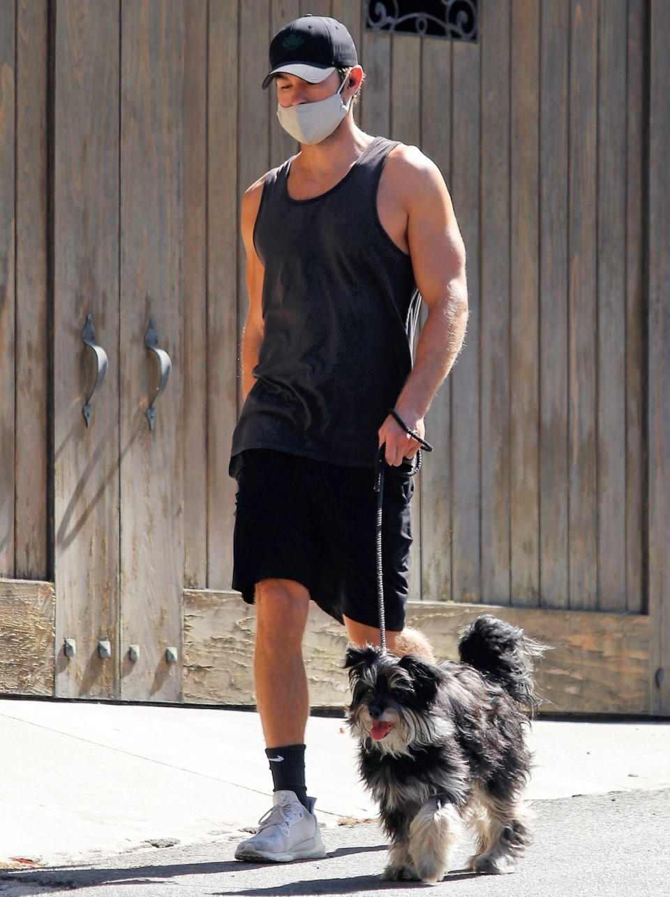 <p>Chace Crawford dons a mask to walk his dog around his Los Feliz, California, neighborhood on Monday afternoon.</p>