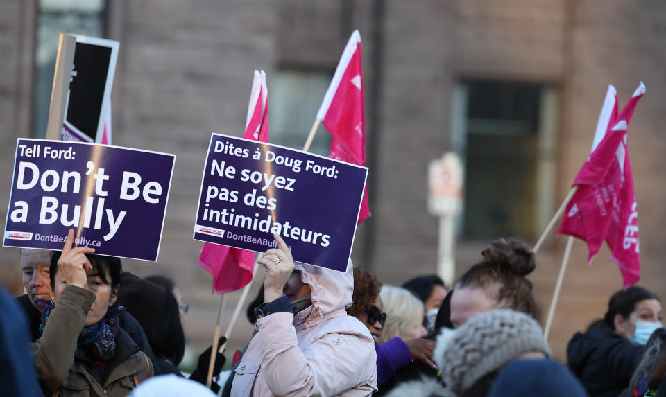 <p>TORONTO, ON- NOVEMBER 4 - Members of CUPE education workers and other supporters amass at Queens Park to protest a day after the Provincial Government enacted the Not Withstanding Clause of the Canadian Constitution to legislate a contract on the union in Toronto. November 4, 2022. (Steve Russell/Toronto Star via Getty Images)</p> 