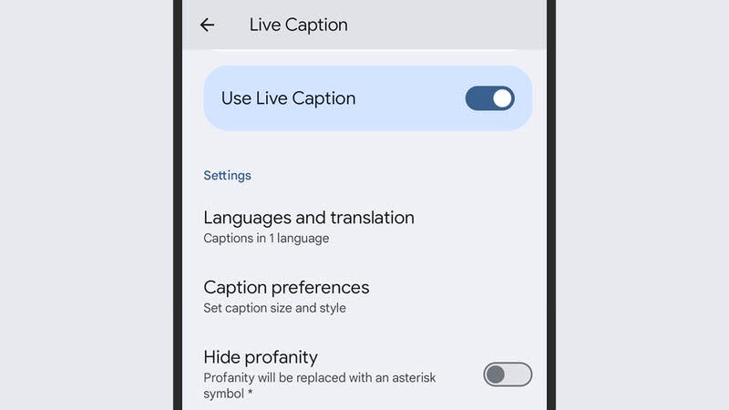 Enabling live captions. - Screenshot: Android