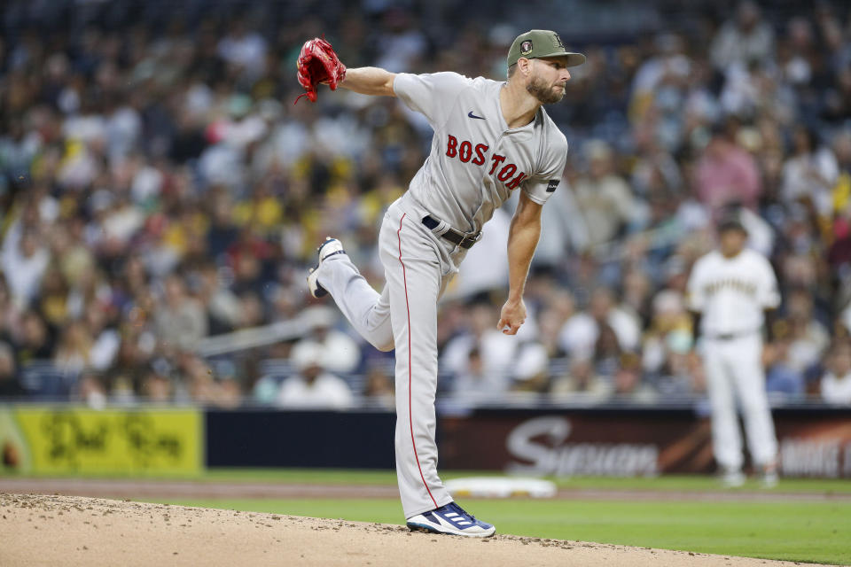 Boston Red Sox starting pitcher Chris Sale throws to the plate during the first inning of a baseball game against the San Diego Padres on Saturday, May 20, 2023, in San Diego. (AP Photo/Brandon Sloter)