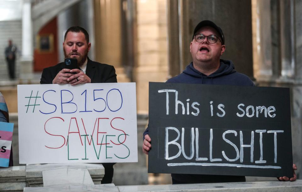 Two men had opposing views on Senate Bill 150 while inside the state capitol Wednesday afternoon when the Kentucky Senate voted to override Gov. Andy Beshear's veto. March 29, 2023 