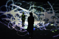 <p>Visitors look at the artwork ‘Crows are Chased and the Chasing Crows are Destined to be Chased as well, Blossoming on Collision - Light in Space’ by teamLab during the press preview of the exhibition 'The Universe and Art’ at Mori Art Museum in Tokyo, Japan, July 28, 2016. (Photo: FRANCK ROBICHON/EPA)</p>