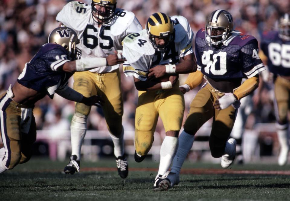 Michigan Wolverines running back Butch Woolfolk in action against the Washington Huskies during the Rose Bowl, Jan. 1, 1981 in Pasadena, Calif.