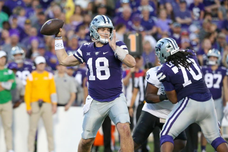 Kansas State quarterback Will Howard (18) throws a pass against TCU on Saturday night at Bill Snyder Family Stadium.
