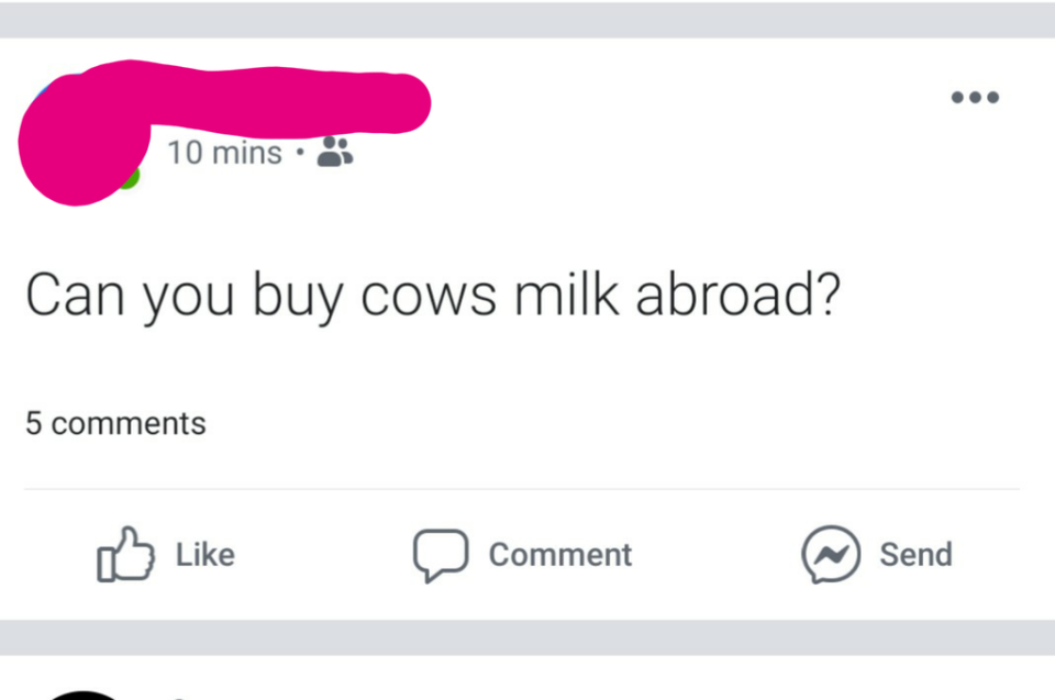 facebook post reading can you buy cows milk abroad