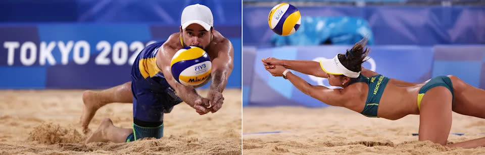 Rechts Bruno Oscar Schmidt aus Brasilien, links Mariafe Artacho del Solar aus Australien. Beide Fotos wurden bei den Olympischen Spielen 2020 in Tokio aufgenommen und von Getty Images verbreitet.
